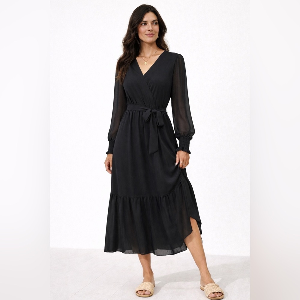 Elegant Midi Black Wrap Tie Waist Long Sleeve Tiered V-Neck Flowy Dress✨